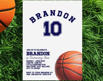 Basketbaluitnodiging, bewerkbare digitale download, uitnodiging sportverjaardagsfeestje voor jongens en meisjes, afdrukbare sjabloon, speeltijdthema