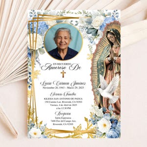 May include: A memorial card with a photo of a woman, surrounded by floral and gold accents. The card includes text in Spanish, with the name "Lucia Carmen Jiménez" and dates of birth and death. A religious illustration is on the right.
