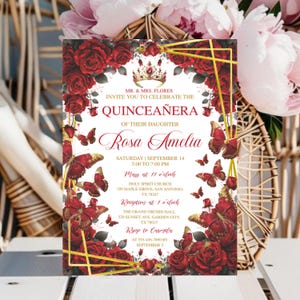Invito Quinceañera farfalla, modello modificabile in oro bordeaux, floreale Mis Quince Anos, 15° compleanno rosso, inviti Fiesta de Quince Años