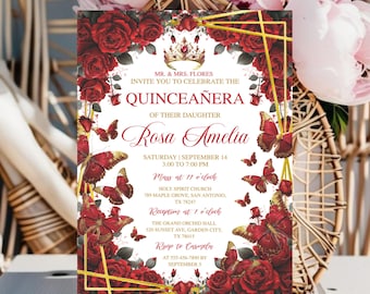 May include: A quinceañera invitation card with a floral and butterfly design. The card features a gold geometric frame, red roses, and butterflies. The text includes the names of the hosts, the quinceañera's name, and event details.