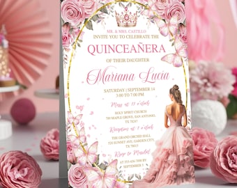 Convite Quinceañera em ouro rosa, Floral rosa, Mis Quince Anos, Doce 16 Aniversário, Menina 15º Aniversário, Invitaciones De Quinceañera Gratis
