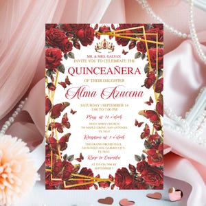 Modello modificabile per la festa a farfalla, invito per la Quinceañera in rosso bordeaux e oro, invito floreale per la Mis Quince Anos, invito rosso per il 15° compleanno, invito stampabile