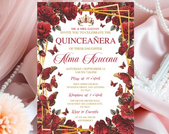 May include: A quinceañera invitation with a gold geometric frame, red roses, and butterflies. The invitation text includes the names of the celebrant and parents, event details, and RSVP information. The design is formal and elegant.