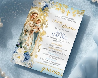 Niño Bautizo Virgen Mary Baptism Invitation Editable Template, Mi Bautizo Invitación Azul en Español, Blue Digital Canva Christening Invite