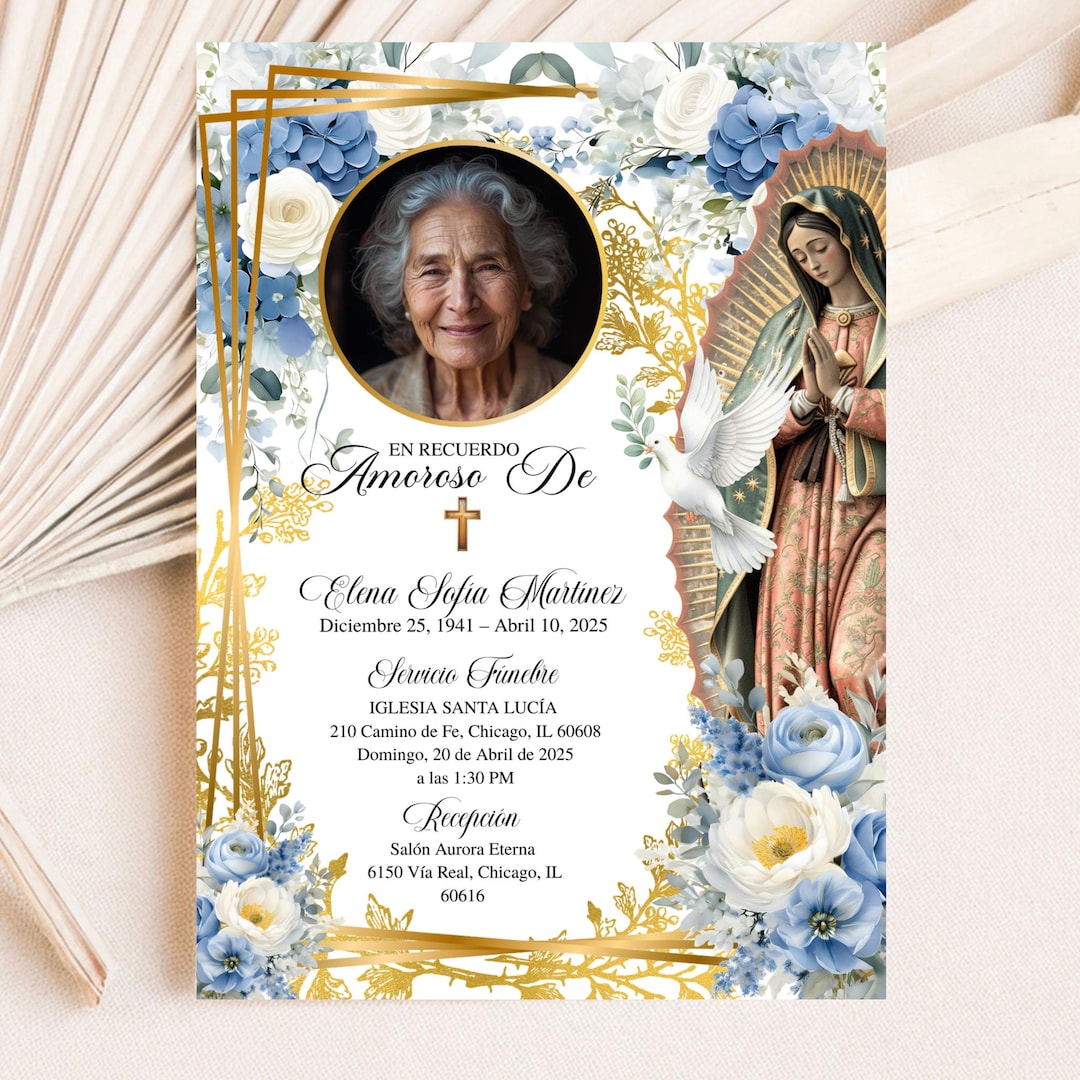 Azul Virgen De Guadalupe Memorial Invitation, Editable Spanish Funeral