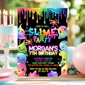 Plantilla editable de invitación de cumpleaños de slime, invitación a fiesta de slime con brillo neón, plantilla de Canva, invitación imprimible de Slime Time para niña y niño, slime digital