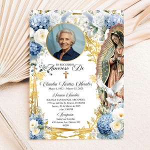 May include: A memorial card featuring a portrait of a woman, framed by blue and white flowers. The card has Spanish text, including the name "Claudia Beatriz Morales" and dates. A religious image and a dove are also present.