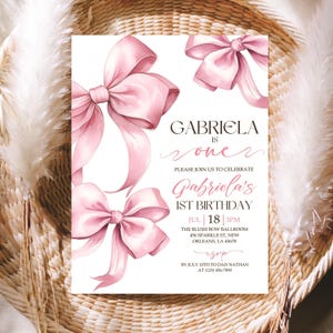 Pink Bow First Birthday Invitation, Coquette Bow 1st Birthday Invite, Editable Digital File Personalized 1st Bday Girl Invite Cute Bow Theme