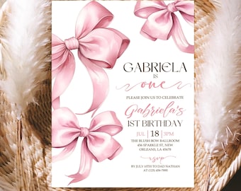 Pink Bow First Birthday Invitation, Coquette Bow 1st Birthday Invite, Editable Digital File Personalized 1st Bday Girl Invite Cute Bow Theme