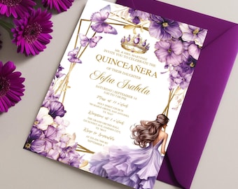 Convite roxo lilás dourado borboleta princesa Quinceañera, modelo Mis Quince Años, convite floral editável, download digital instantâneo