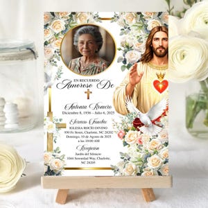 May include: A memorial card with a portrait of a woman, floral designs, and religious symbols. The card has Spanish text, including details of a memorial service, the name Antonia Romero, and the dates of her birth and death.