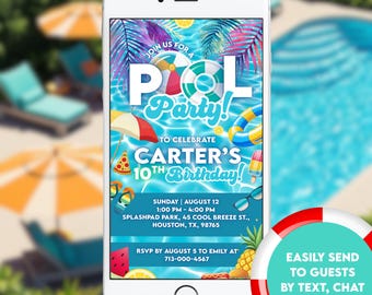 Editable Pool Party Invitation, Neon Pool Party Invitation, Kids Summer Birthday Evite, Digital Text Invite, Electronic Phone Invite CBP001