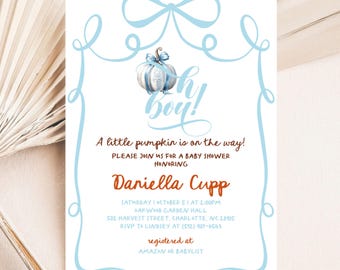 May include: Baby shower invitation featuring a light blue bow and frame. The text "Oh boy!" is in a script font, with a pumpkin illustration. The invitation includes details for Daniella Cupp's baby shower.
