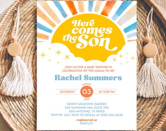 May include: Baby shower invitation with a retro sun design in orange, yellow, and blue. The text "Here comes the Son" is displayed above the event details, including the date, time, and location. The invitation is on a white background.