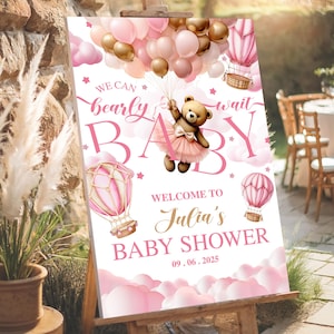 Wir können Bärenwart Babyparty Willkommensschild bearbeiten, Boho Mädchen Teddybär Ballon Poster, Rosa Bär Dusche Zeichen, druckbare Vorlage Zeichen