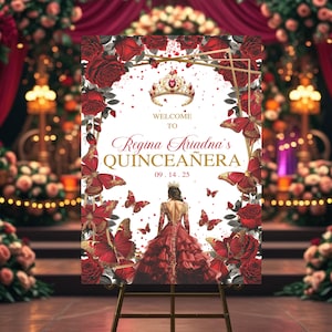 Quinceañera Welcome Sign, Red Burgundy and Gold 15th Birthday Welcome Sign, Editable Quinceañera Poster, Mis Quince Anos, Digital Template