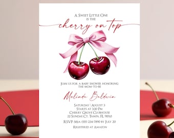 Cherry on Top Baby Shower Invite, Editable Pink Bow Baby Shower Invitation, Girl Shower Printable Pretty Baby Shower Invite Instant Download