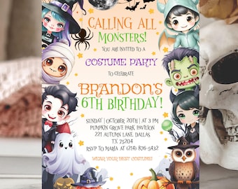 May include: Halloween party invitation featuring cartoon monsters, pumpkins, and an owl. The text reads "Calling All Monsters!" and announces a costume party for Brandon's 6th birthday. Includes date, time, and location details.