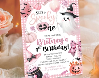Editable Cute Pink Ghost Spooky One Invitation, Halloween 1st Birthday Invite Girl First Boo Party Printable Digital Halloween Birthday Card