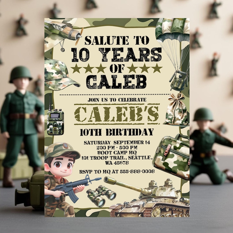 Army Birthday Invitation Template, Military Party Invite, Editable Camo ...
