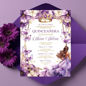 Purple Lilac Gold Butterfly Princess Quinceañera Invitation Canva, Editable Mis Quince Años Template, Floral Invite, Purple Digital Template