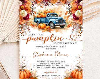 Pumpkin Truck Baby Shower Invitation, Editable Fall Autumn Baby Shower Invite, Gender Neutral Little Pumpkin Baby Shower Digital Template