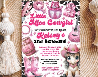 Invitación de cumpleaños editable de Disco Rodeo, Fiesta de Vaquera Rosa, Plantilla de Canva editable, Nashville, Invitación de Vaquera Espacial, Descarga digital
