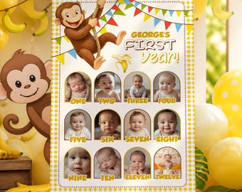 Curious George First Year Milestone Poster, 12 Month Photo Collage Sign, Monkey 1st Birthday Board, Editable Canva Template Digital - CGBM2