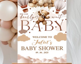 Brown Bear Balloon Baby Shower Welcome Sign, Editable Teddy Bear Poster, We Can Bearly Wait Neutral Baby Shower Party Sign Digital Template