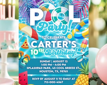 Pool Party Birthday Invitation, Boys Pool Party Invitation, Editable Summer Birthday Party, Swim Invite Neon Glow Canva Template CBP001