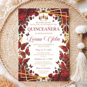 Invito Quinceañera floreale rosso bordeaux, rosso e oro modificabile, farfalla Mis Quince Anos, Quince Años Invitaciones De Quinceañera Gratis