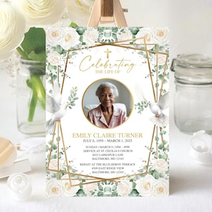 Faire-part pour les funérailles de verdure, carte commémorative modifiable, invitation à la célébration de la vie, accent doré, service funéraire, téléchargement numérique