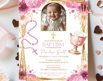 Editable Floral Wildflower Baptism Invitation Template, Dusty Pink Christening Invite Girl, Printable Baby Girl Baptism Instant Download