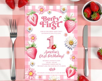 Strawberry 1st Birthday Party Invitation, Editable Berry Sweet First Birthday Template Berry Sweet Birthday Invite, Printable Digital Invite