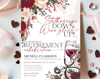 Retirement Celebration Invitation, Editable Nurse Doctor Party Invite Template, Red Theme Party, Digital Download Healthcare Farewell Modern