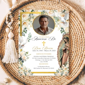 Zaproszenie na pogrzeb Español, Virgen María Tarjeta Fúnebre, Hiszpański pomnik pogrzebowy Celebración Vida, En Memoria de, Diseño Floral Edytowalne