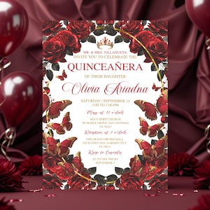 Editable Quinceañera Invitation, Fiesta de Quinceañera, Burgundy Red and Gold Floral, Butterfly Mis Quince Anos, Sweet 16 Tiara Invitation