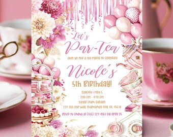 Tea Party Birthday Invitation Girl, Par-Tea Invite, Garden Tea Birthday, Printable Kids Tea Party Invite, Girl Pink Floral Invite, High Tea
