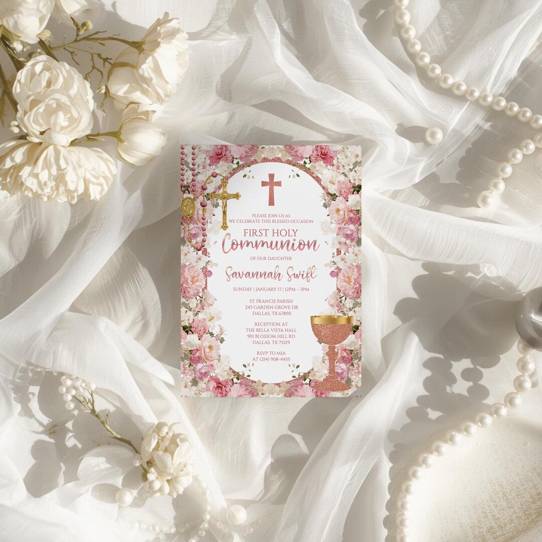 Floral Blush Pink First Communion Invitation Template, Printable Girl ...
