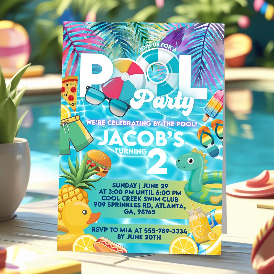 Kids Editable Pool Party Invite, Neon Glow Swim Birthday, Blue Canva ...