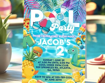Kids Editable Pool Party Invite, Neon Glow Swim Birthday, Blue Canva Template, Swimming Party, Pool Party, Digital Download Evite for Boys