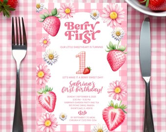 Berry Sweet 1st Birthday Invitation, Editable Strawberry First Birthday Template, Berry Sweet Birthday, Printable Digital Invite for Girl