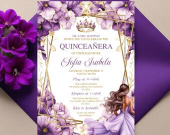 May include: Purple and gold Quinceañera invitation with a floral design and a crown. The invitation includes the text "MR. & MRS. MARTINEZ INVITE YOU TO CELEBRATE THE QUINCEAÑERA OF THEIR DAUGHTER Sofia Isabela SATURDAY | SEPTEMBER 14 3:00 TO 7:00 PM Mass at 11 o'clock HOLY SPIRIT CHURCH 789 MAPLE GROVE, SAN ANTONIO TX 78247 Reception at 1 o'clock THE GRAND ORCHID HALL 520 SUNSET AVE, GARDEN CITY, TX 78015 Roop to homevaldr AT 555-456-7890 BY SEPTEMBER 5"