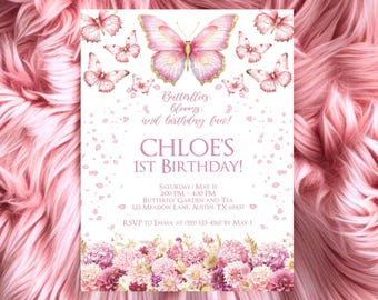 Butterfly Birthday Invitation for Girl, Editable Flutter Birthday Party Invite, Spring Garden Theme, Floral Butterfly Birthday Invitation
