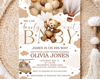 Teddybär-Babyparty, Boho Bär-Babyparty-Einladung, können wir Bären-bearbeitbare Geschlechtsneutral einladen, braun beige digitaler Download warten