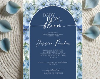 Blue Baby in Bloom Shower Invitation, Boy Baby Shower Evite, Editable Blue Wildflower Template, Printable Baby Invite for Baby Boy Invite