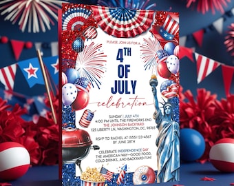Invito per il 4 luglio, invito per barbecue rosso, bianco e blu, celebrazione del 4 luglio, festa del Giorno dell'Indipendenza negli Stati Uniti, cibo e amici, modello modificabile