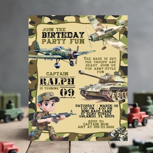 Faire-part de fête de l'armée pour les garçons, anniversaire militaire, invitation d'anniversaire camouflage modifiable, thème militaire soldat, modèle de fête d'enfants imprimable