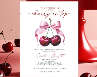 Coquette Cherry Baby Shower Invitation, Pink Bow Berries Invite, Cherry on Top Invite, Modern Girl Baby Shower Template, Editable Digital