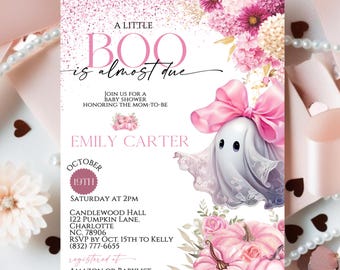 Editable Halloween Baby Shower Invitation, A Little Boo Is Almost Due Invite, Cute Pink Bow Ghost Theme, Canva Template, Digital Download